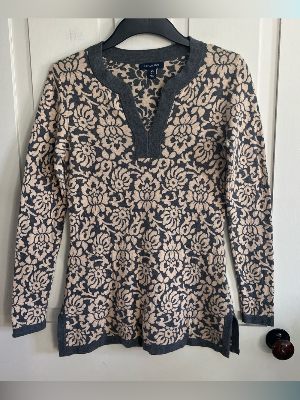 Lands' End Beige Floral Jacquard Tunic with Charcoal Trim